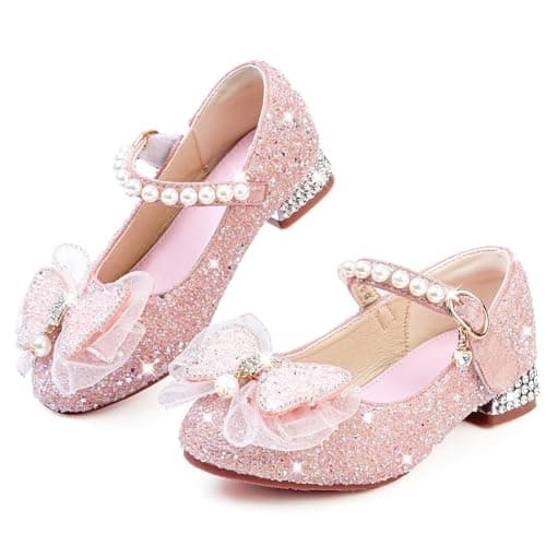 Image of GOGOUP Princess Shoes Girls Mary Jane Low Heels Toddler Glitter Party Wedding Shoes Birthday Cosplay Prom Dress Up Dance Shoes Pink UK13.5