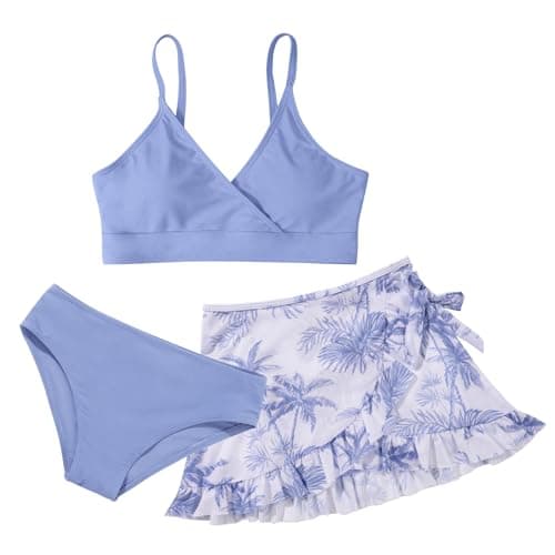Image of Girls Swimsuit 3 Piece Bathing Suit Floral Printed Bikini Set with Skirts Cover Up 2 Piece Girls Surfing Beach Swimwear