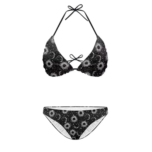 Image of Jekioweii Women's Bikini Sets Two Piece Swimsuit V Neck Strap Top Low Rise Bottom Adjustable Spaghetti Straps Bathing Suit, Sun Moon, XL