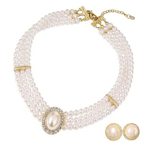 Image of Layered Pearl Choker Necklace with Oval Stud Earrings Set, Elegant Vintage 3 Row Simulated Pearls Choker, Adjustable Faux Pearl Bridal Wedding Party Jewelry, Classic Pearl Necklace and Earrings Set