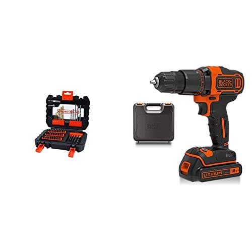 Image of BLACK+DECKER A7232-XJ Drill Set - Black, 1 Piece with BLACK+DECKER 18 V Cordless 2-Gear Combi Hammer Drill Power Tool with Kitbox, 1.5 Ah Lithium-Ion, BCD700S1K-GB