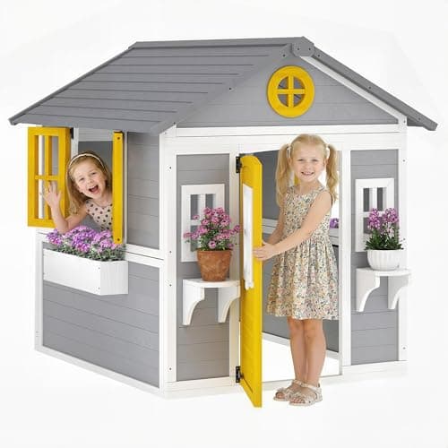 Image of Outsunny Wooden Playhouse for Kids Outdoor Wendy House with Doors, Windows, Plant Pots, Boxes, for 3-8 Years - Grey