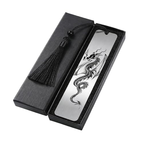 Image of 1 Pcs Dragon Bookmark with Black Tassel,Fantasy Inspired Dragon Gifts,Book Mark with Gift Box,Stainless Steel Metal Bookmark for Men,Readers,Graduation Gifts for Students Teachers Adults Men