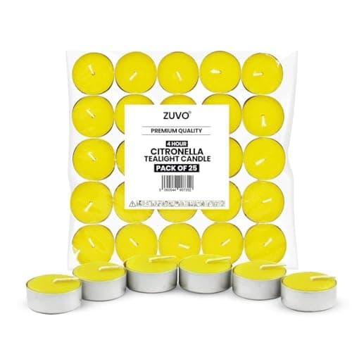 Image of Zuvo Citronella Tealights - Pack of 25, 4-Hour Burn Scented Candles for Indoor & Outdoor Use, Insect-Repellent Tea Lights for Patio, Garden & Home, Yellow