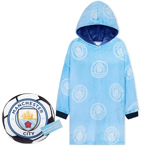 Image of MANCHESTER CITY F.C. Hoodie Blanket for Kids Teenagers Cosy Fleece Wearable Blanket Warm Oversized Hoodie Supporters' Gear Football Gifts for Boys (Blue Bag)