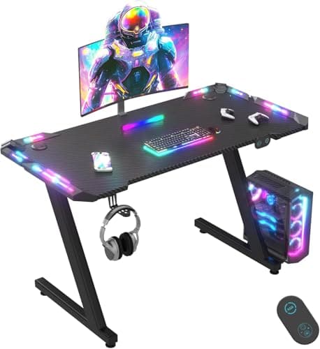 Image of JUMMICO 120 x 60 cm Gaming Desk with LED Lights, RGB Gaming Table Sturdy Computer Desk for Home Office and Gamers with Headphone Hook, Black