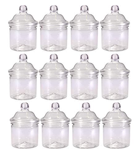 Image of Pack of 12 Small Round 250ml Plastic Sweets Jars with Victorian Lids by Britten & James. Perfect for Weddings, Parties and Food Storage