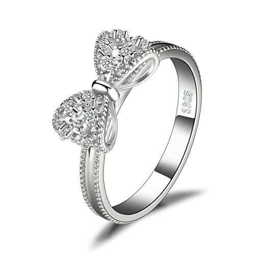 Image of JewelryPalace Bow Love Knot Promise Ring for her, White Gold Plated 925 Sterling Silver Rings for Women, Anniversary Wedding CZ Simulated Diamond Ring, Girls Womens Jewellery Gifts H