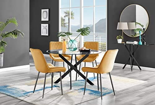 Image of Furniturebox UK Novara Black Leg 120cm Round Glass Dining Table & 4 Mustard Pesaro Black Leg Chairs