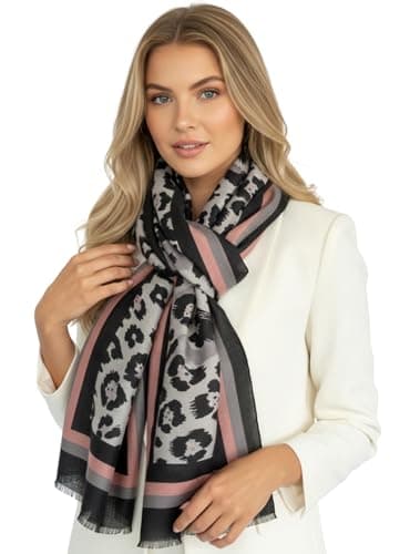 Image of Women Cotton Leopard Print Scarf - Striped Scarf Spots Polka Dot Spots and Dots, Horse, Leopard Print Gifts, Ladies Scarves Animal Pashmina Shawl, Long Womens Neck Shawl Scarf (Stripe: Black Pink)