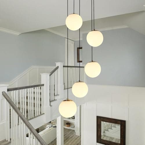 Image of LYSDjia Cluster Globe Glass Chandelier 5-Lights Brushed Gold Mid Century Pendant Lights with Milk White Glass Multi Cluster Hanging Lamp for Stair Adjustable Height Island Ceiling Light