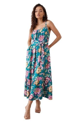Image of Dorothy Perkins Petite Green Floral Tiered Pocket Midi Dress, 12, Green