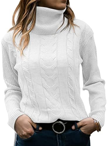 Image of GeGekoko Womens Turtleneck Sweaters Cable Knit Long Sleeve Tops Pullover Soft Jumper White