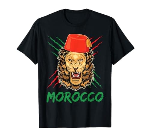 Image of Morocco Lion Flag Sport Morocco with moroccan hat T-Shirt