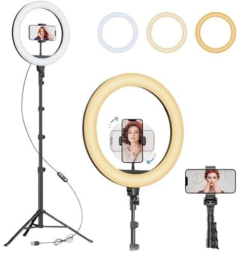 Image of 12 Inch LED Ring Light with 63" Adjustable Tripod Stand & Phone Mount, Dimmable Desk Floor Light, 3 Colour Modes & 10 Brightness Levels, USB Powered for YouTube Makeup Video Live Streaming