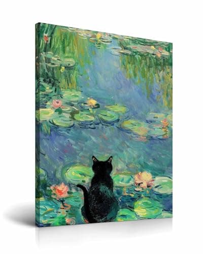 Image of HesenDot Black Cat Framed Wall Art,30x40CM Claude Monet Waterlily Cat Canvas Print,Funny Animal Painting Poster Wall Decor for Home Living Room Kid Bedroom Bathroom,Set of 1