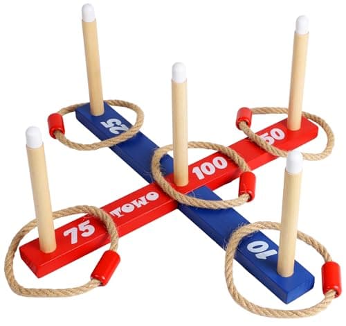 Image of TOWO Wooden Ring Toss Game – Quoits Throwing Tossing Toy for Kids & Adults – Outdoor & Indoor Lawn Game for Family Fun Gift – Classic Rope Toss Game for Garden, Beach, Camping, Travel & Party Games