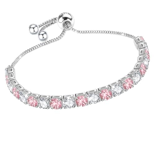 Image of J.Fée Silver Plated Bracelets for Womens Tennis Bracelet with 4MM Pink and White Crystal Adjustable Jewellery with Box,Birthday Gifts For Women Mothers Day Gifts For Mum