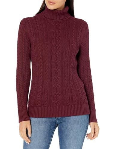 Image of Amazon Essentials Women's Cable Knit Turtle Neck Jumper (Available in Plus Size), Burgundy, XS