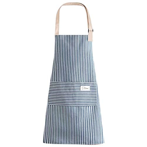 Image of LECTNORE Stripe Bib Apron, Chefs Kitchen Aprons Adjustable Apron with 2 Pockets Cooking Apron Cotton Apron for Women/Men(Blue)