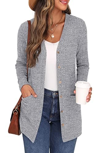 Image of GRECERELLE Womens Cardigan Long Sleeve Open Front Cardigans Button Down V Neck Ribbed Knit Lightweight Outerwear with Pocket (Grey, L)
