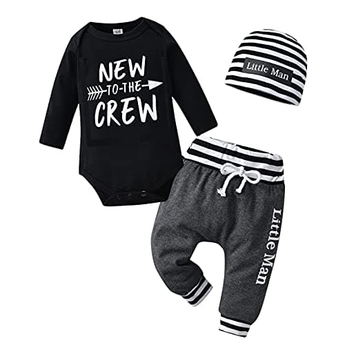 Image of Tinykeke Newborn Baby Boy Clothes Infant Long Sleeve Romper New to The Crew Tops + Striped elements Hat and Pants 3pcs Outfits Sets (6-9 Months) Black and Deep Grey
