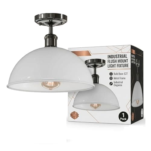 Image of DC VOLTAGE Industrial-Semi Flush Mount E27 Base Ceiling Light Metal 30cm White Dome Lampshade Pendant Lighting for Farmhouse Porch Kitchen Bathroom