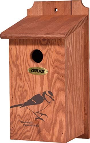 Image of dobar® green label 22363FSCe Nesting Box Blue Tit - Wooden Tit Box - Nesting Aid for Wild Birds - Weatherproof - Nesting Area with Screen Print Blue Tit Motif - Diameter 28 mm - 16 x 16 x 32 cm -