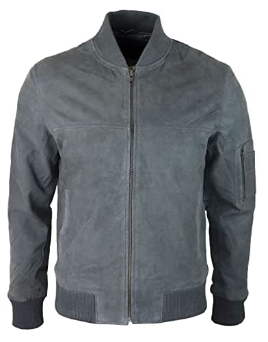 Image of TruClothing Mens Genuine Suede Bomber Jacket Leather Casual Varsity Vintage Smart Casual - Grey XS