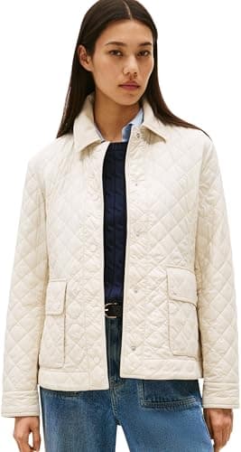 Image of Tommy Hilfiger Women’s Nylon Slim Quilted Jacket with Pointed Collar, Off-White (Newsprint), M