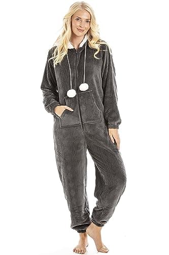 Image of Camille Super Soft Zip-Up Hooded Women's Onesie | Thick Fleece Full-Length Women's All in One Lounge Suit | Long Sleeves, Cosy Hood, Pockets | Warm Material | Charcoal 14-16