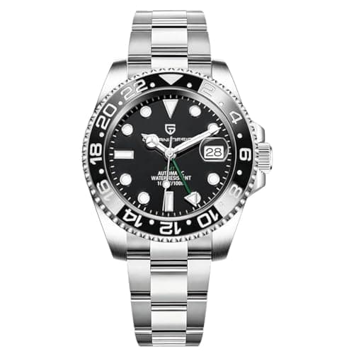 Image of PAGRNE DESIGN GMT Automatic Mechanical Men's Watch Rotating Ceramic Bezel Stainless Steel with Date Function Men's Sport Watch(Steel Belt Silver Black-3)