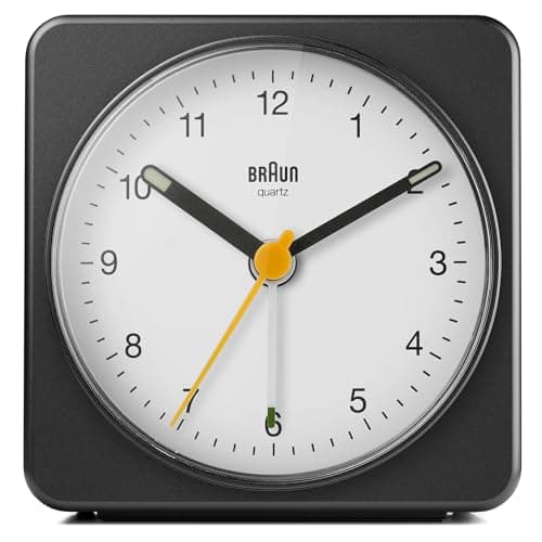 Image of Braun Classic Analogue Alarm Clock with Snooze and Light, Quiet Quartz Sweeping Movement, Crescendo Beep Alarm in Black and White, Model BC03BW.