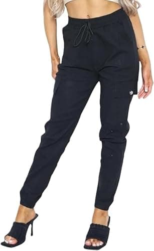 Image of Women's Cargo Pocket Detail Casual Stretch Fit Combat Trousers Pants (UK, Alpha, S, M, Regular, Regular, Black - Button Pocket)