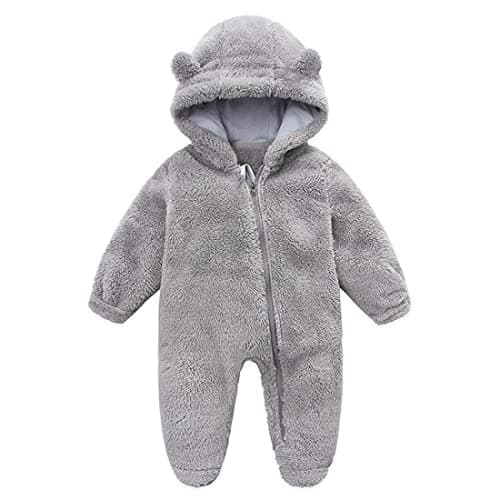 Image of Fairy Baby Baby Snowsuit, Newborn Infant Baby Hooded Romper Fleece Snowsuit Cartoon Jumpsuit Fall Winter Outfits (0-3M, Grey)