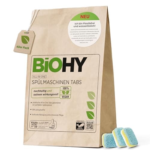 Image of BiOHY All-in-One Dishwasher Tabs (40 Tabs) | Phosphate and Plastic Free Dishwasher Tablets | Powerful Eco Tablets for Daily Cleaning | Removes Stubborn Grease & Food Leftovers | Environmentally