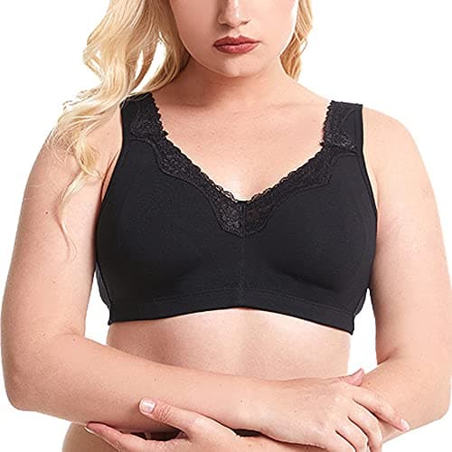 Image of Ayigedu Women's Lace Plus Size Soft Cotton Bra Full Coverage Wirefree Non-Foam Bras 50G Black