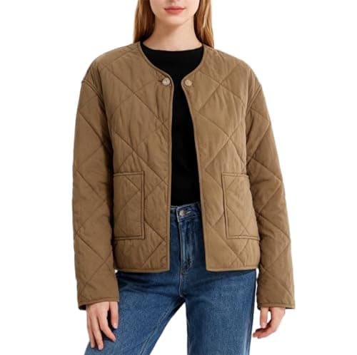 Image of Amazhiyu Womens Quilted Jacket, Winter Lightweight Diamond Quilted Jacket with Pockets, Ladies Long Sleeves Warm Button Padded Coats Brown L