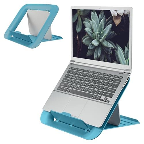 Image of Leitz Adjustable Laptop Stand, Compact Laptop Holder With 4 Height Settings, 80% Recycled Plastic & 100% Recycable, Ergo Cosy Range, Calm Blue, 312 x 50 x 247mm, 64260061