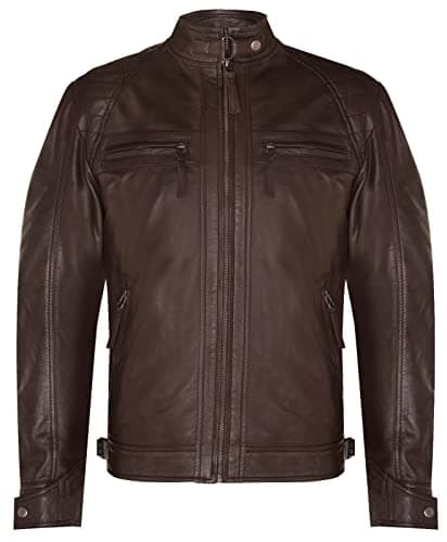 Image of Men's Vintage Coco Brown Leather Retro Jacket Classic Racing Quilted Biker Moto Fashion Jacket 2XL