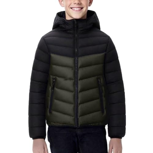Image of Slxbear Army Green Winter Puffer Jackets Boys Girls Down Coats Padded Warm Bubble Outerwear with Hood Color Block Hooded Everyday Wear Comfy Thermal Coats Lightweight Packable Coat 12-13 Years
