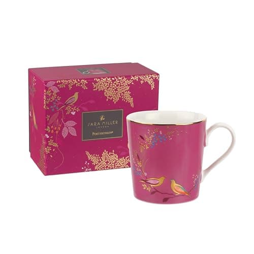 Image of Portmeirion x Sara Miller London Pink Coffee Mug with Handle - Chelsea Collection, Made from Fine China with Gold Detailing, A Timeless Blend of Style and Quality, 344ml