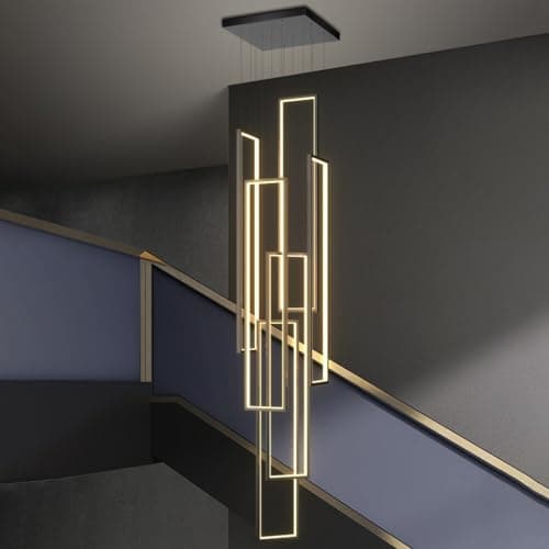 Image of PANNN Modern Dimmable LED Pendant Light with Remote Control, Adjustable Height, 230W, Black, 6 Rings Rectangle Chandelier for High Ceiling, Foyer, Hotel