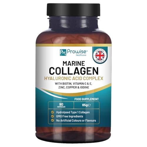 Image of Marine Collagen with Hyaluronic Acid 1100mg | 90 Collagen Capsules High Strength for Women & Men | Vitamins C, E, B2, Biotin, Copper, Zinc & Iodine | Collagen Supplements Made in The UK by Prowise