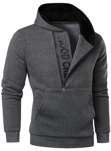 Image of HOOD CREW Men’s Casual Long Sleeve Drawstring Sweatshirt Zipped Hoodie Darkgrey