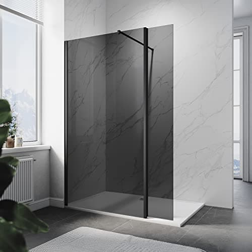 Image of ELEGANT 900mm Walk in Shower Enclosure Screen Bathroom 8mm Dark Grey Easy Clean Safety Glass Wet Room Shower Screen Shower Cubicles Bath Screen with 300mm Return Panel