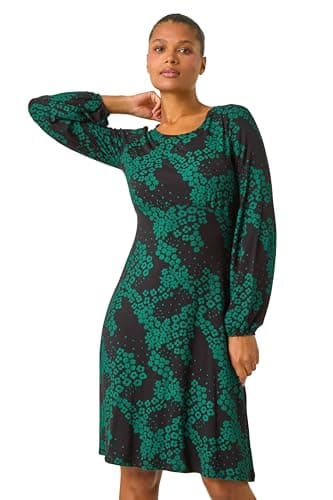 Image of Roman Women Gathered Chest Dress Ladies Stretchy Fit & Flare Swing Tea A Line Skater Knee Length Long Sleeve Midi Smart Casual Work Going Out Cocktail Party - Green & Noir - Size 18