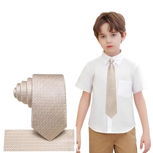 Image of Hi-Tie Champagne Self-Tied Kids Tie for Boy 10-11 Silk Boys Tie 8-10 Year Youth Necktie and Pocket Square Set for Wedding