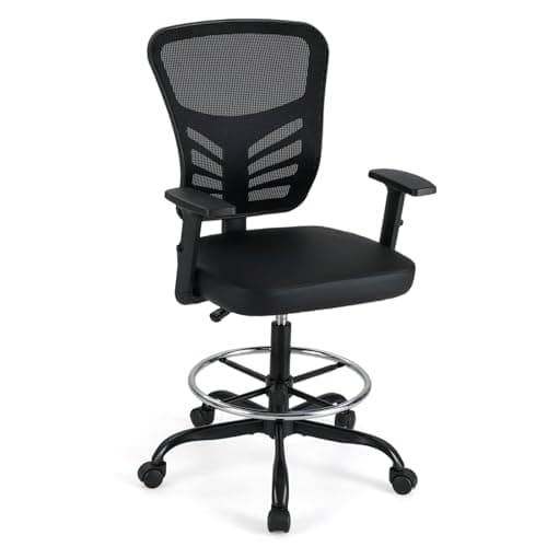 Image of COSTWAY Mesh Drafting Chair, Ergonomic Swivel Office Chair with Adjustable Footrest, Height Adjustable Padded Executive Task Computer Desk Chairs (with Adjustable Armrests, 66 x 66 x 125cm, Black)