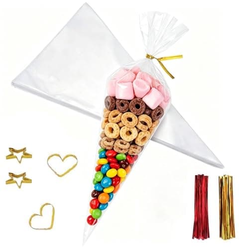Image of OMBRISA Sweet Cones Bags 100 Pcs, Sweet Cone Bag 25x13cm with 100 Twist Ties, Cone Bags, Transparent Triangle Cellophane Bags Gift Bags for Gifting, Party Favors, Candy-Snack Packaging
